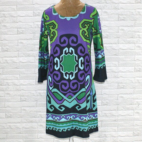 Aryeh Dresses & Skirts - ARYEH Dress Shift Colorful Stretch Greek Key Swirl Mirror Image Purple Small